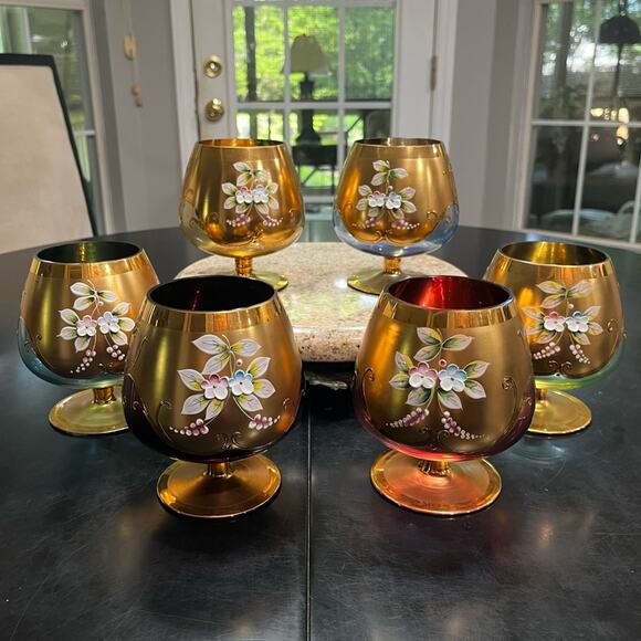 Bohemian Czech Vintage Tre Fuochi Hand Painted Crystal Gold Gilt Brandy Snifter - Picture 6 of 16